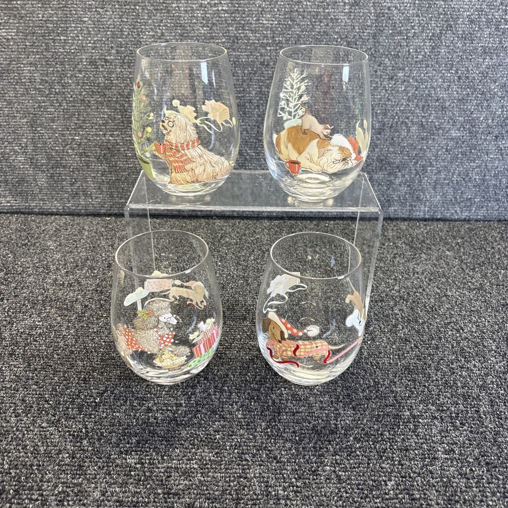 Pier 1~Set Of 4~Stemless Glasses~Dogs/Pups/Christmas